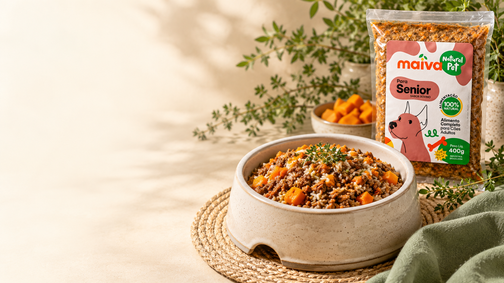 Alimentação natural Maiva Sênior com tigela de comida e vegetais